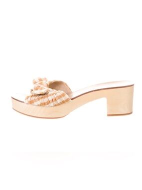 Loeffler Randall Tan and White Gingham Bow Slide Mules